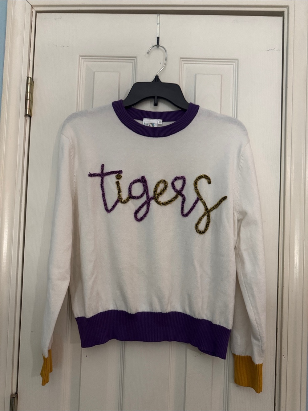 QUEEN OF SPARKLES White Crewneck Sweater with Purple & Gold Accents